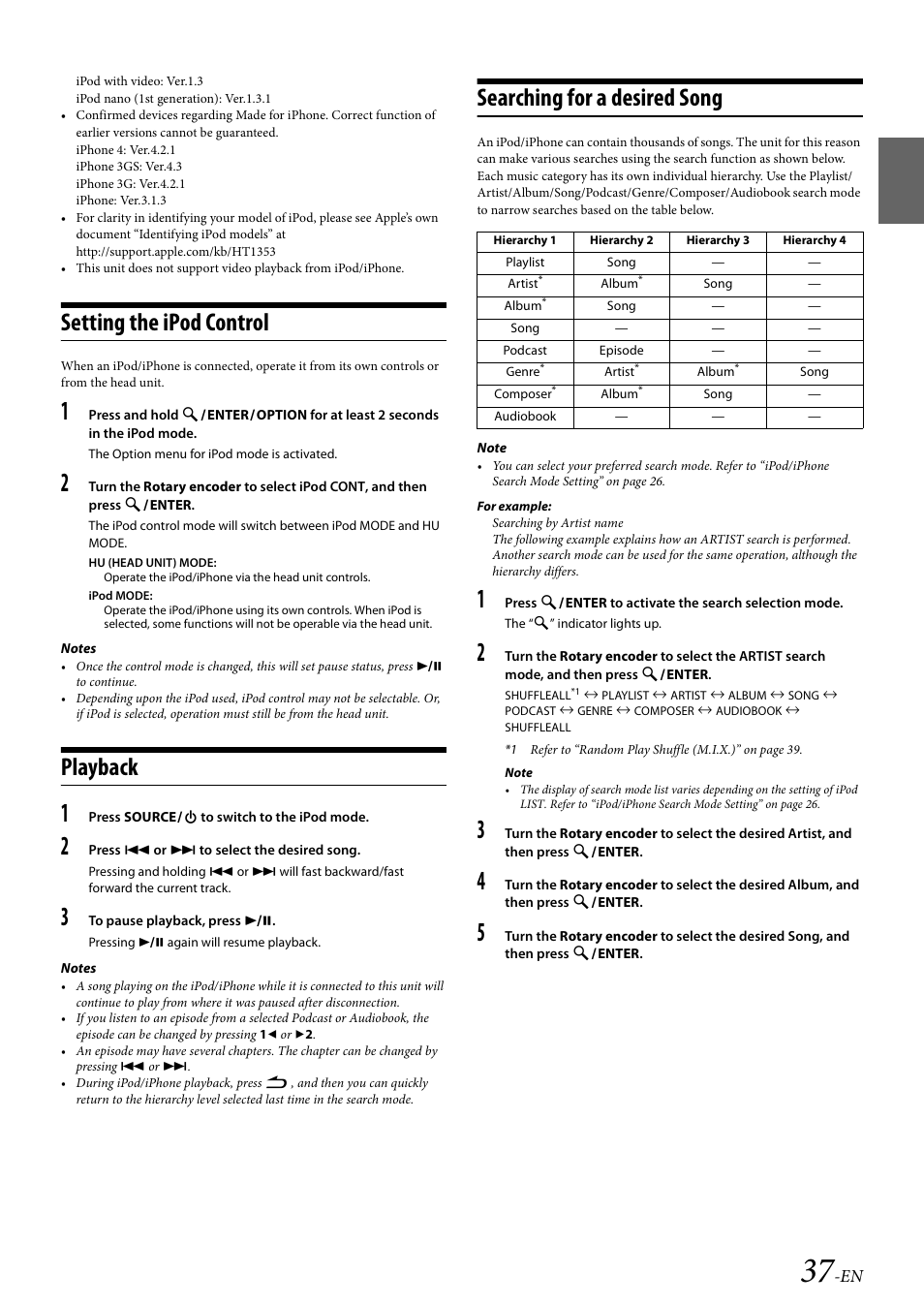 Setting the ipod control, Playback, Searching for a desired song | Refer to “searching for a desired song” on | Alpine 68-21627Z10-A User Manual | Page 37 / 53