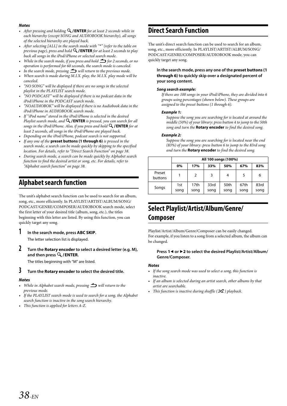Alphabet search function, Direct search function, Select playlist/artist/album/genre/composer | Select playlist/artist/album/genre/ composer | Alpine 68-21627Z10-A User Manual | Page 38 / 53