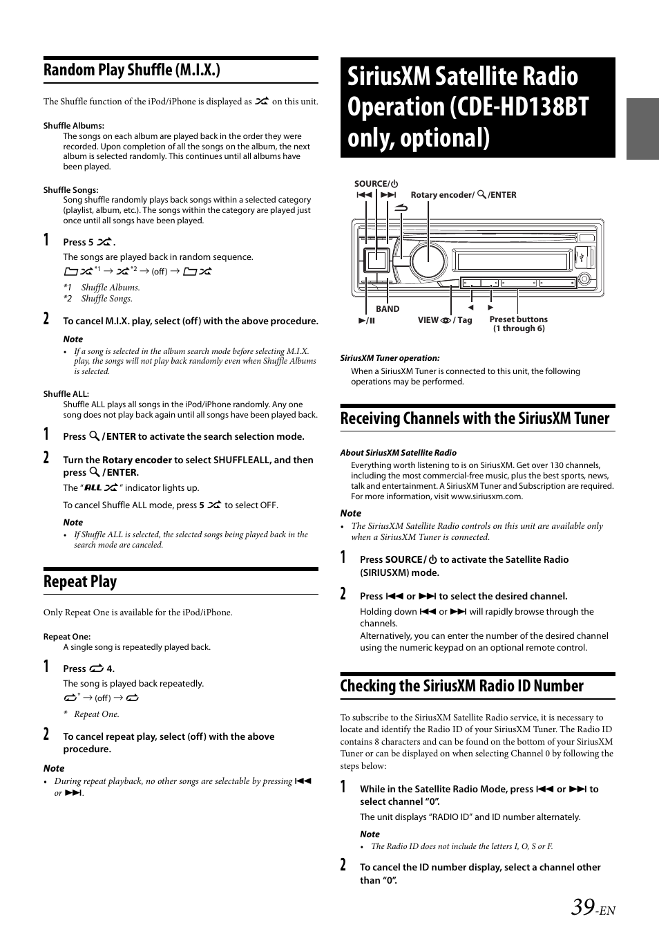 Random play shuffle (m.i.x.), Repeat play, Receiving channels with the siriusxm tuner | Checking the siriusxm radio id number, Random play shuffle (m.i.x.) repeat play | Alpine 68-21627Z10-A User Manual | Page 39 / 53