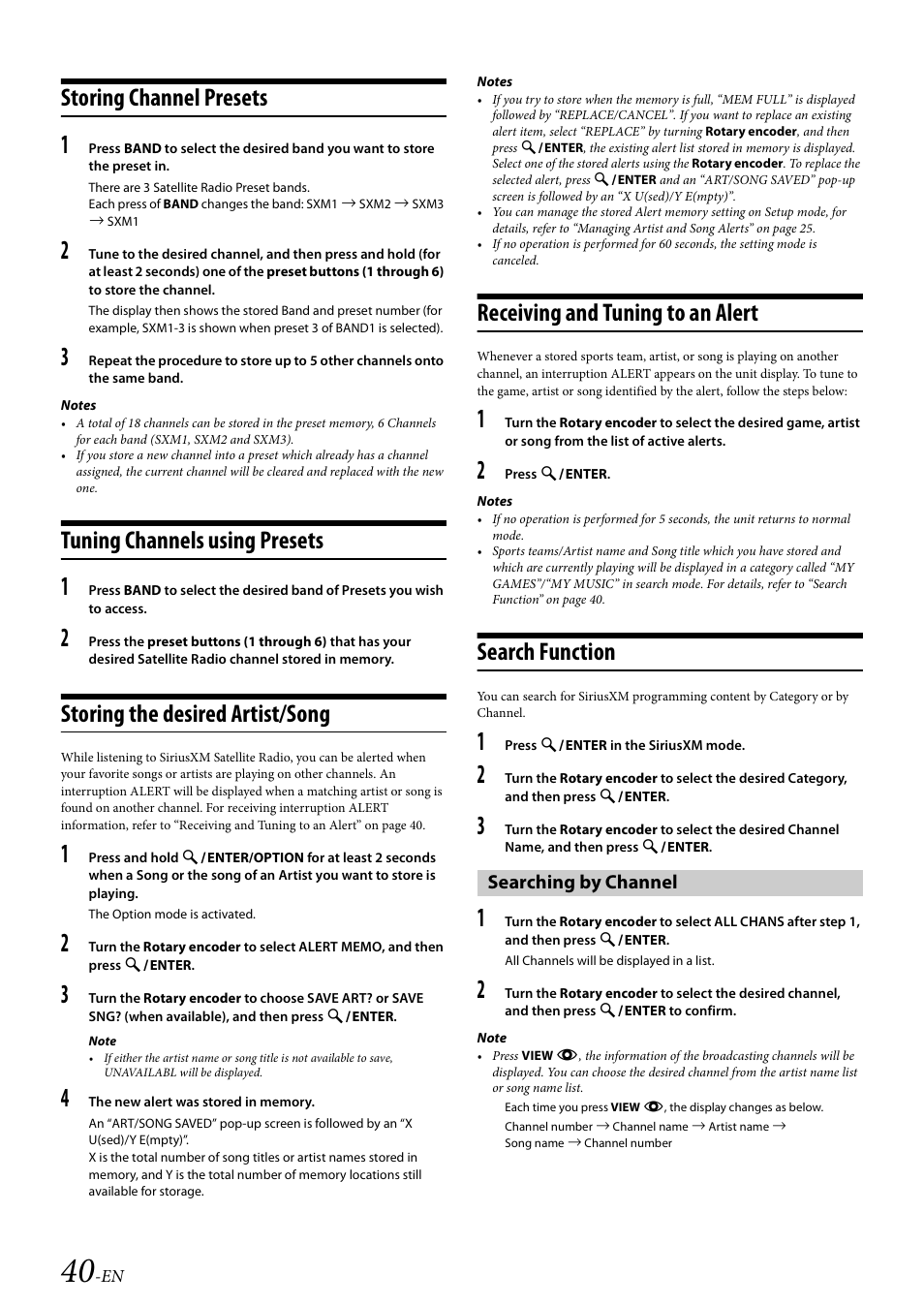 Storing channel presets, Tuning channels using presets, Storing the desired artist/song | Receiving and tuning to an alert, Search function, Searching by channel | Alpine 68-21627Z10-A User Manual | Page 40 / 53