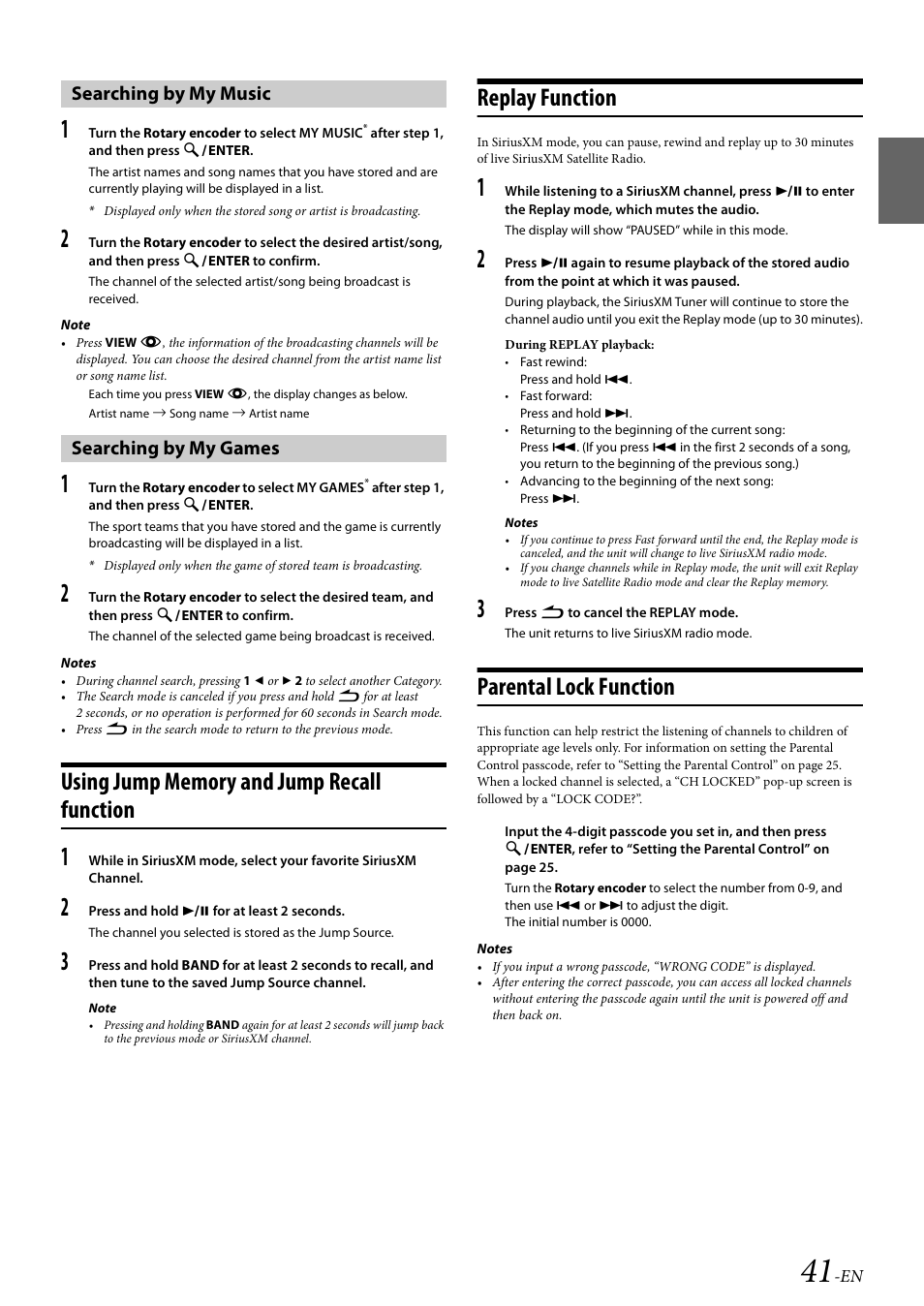 Searching by my music, Searching by my games, Using jump memory and jump recall function | Replay function, Parental lock function, Searching by my music searching by my games | Alpine 68-21627Z10-A User Manual | Page 41 / 53
