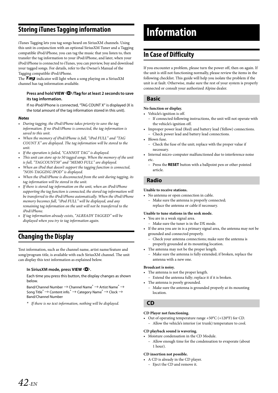 Storing itunes tagging information, Changing the display, Information | In case of difficulty, Basic, Radio, Basic radio cd | Alpine 68-21627Z10-A User Manual | Page 42 / 53