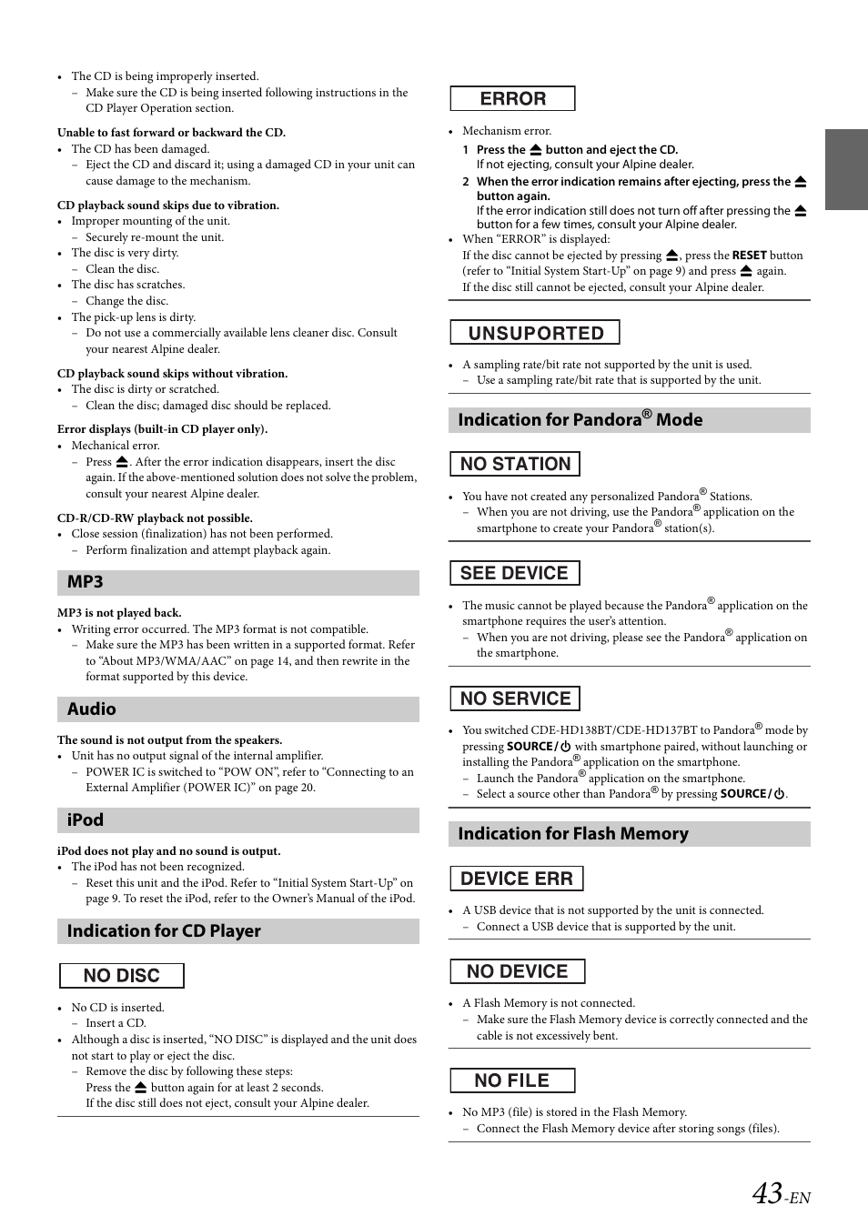 Audio, Ipod, Indication for cd player | Indication for pandora® mode, Indication for flash memory, Mode | Alpine 68-21627Z10-A User Manual | Page 43 / 53