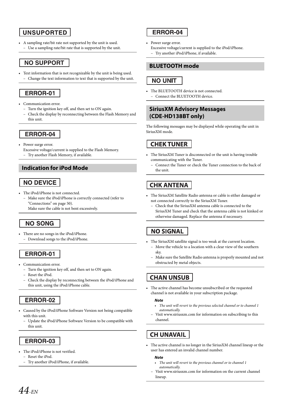 Indication for ipod mode, Bluetooth mode, Siriusxm advisory messages (cde-hd138bt only) | Alpine 68-21627Z10-A User Manual | Page 44 / 53