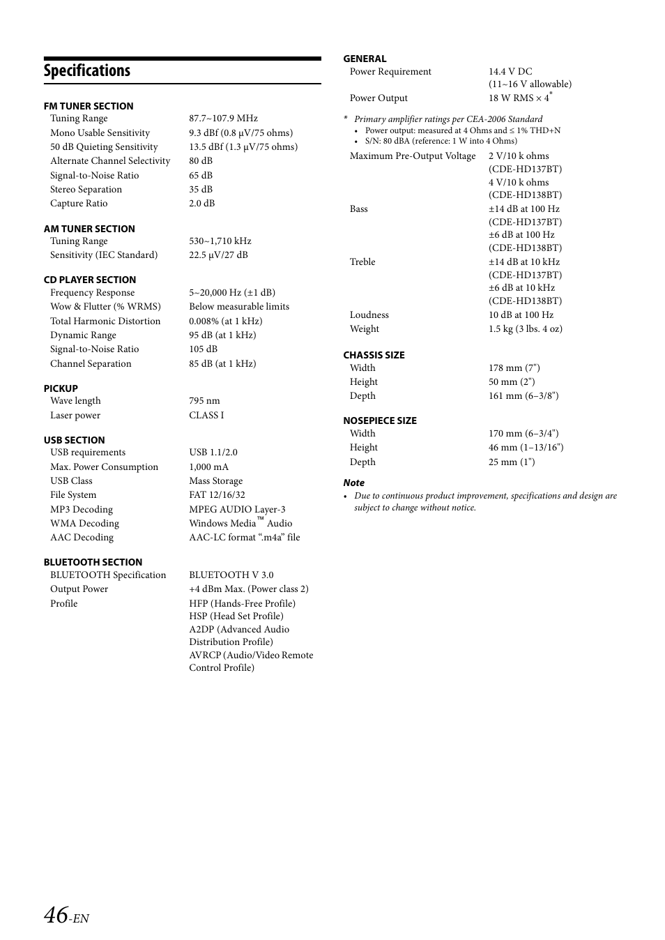 Specifications | Alpine 68-21627Z10-A User Manual | Page 46 / 53