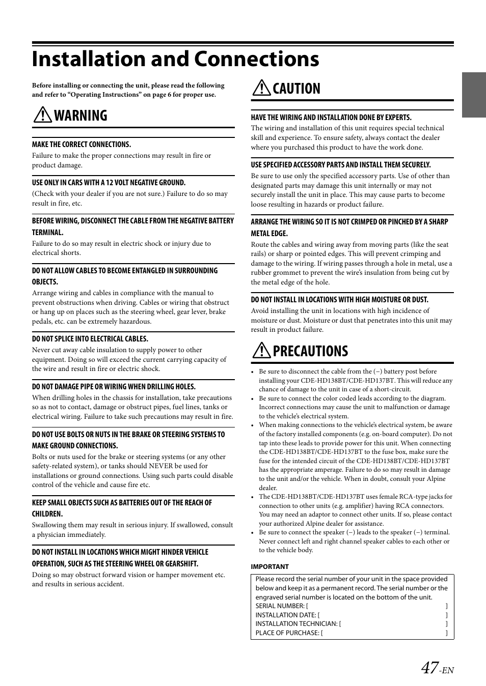 Installation and connections, Warning, Caution | Precautions | Alpine 68-21627Z10-A User Manual | Page 47 / 53
