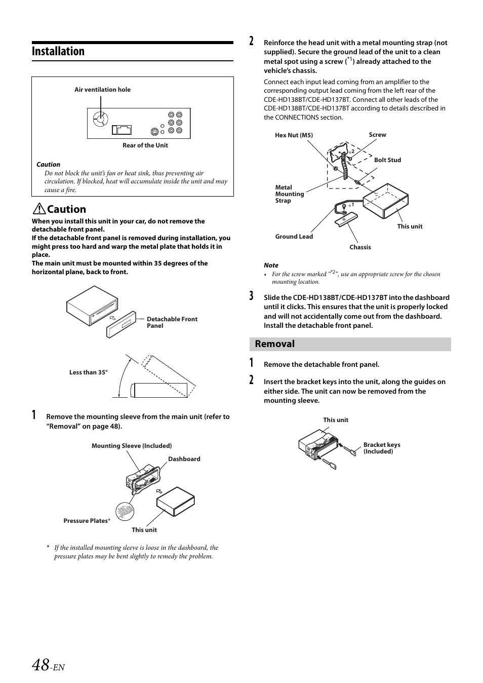 Installation, Removal, Caution | Alpine 68-21627Z10-A User Manual | Page 48 / 53