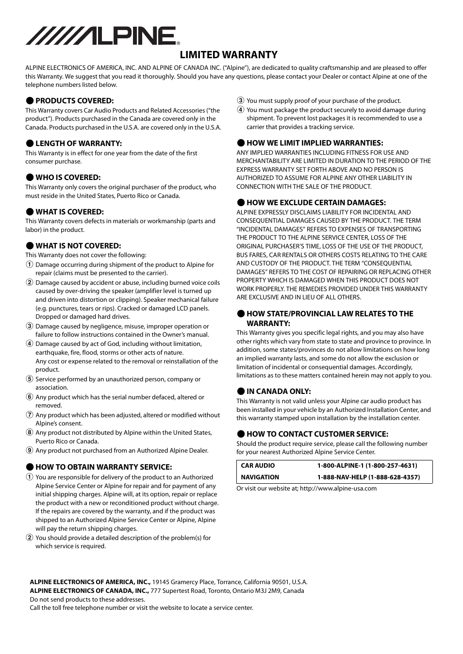 Limited warranty | Alpine 68-21627Z10-A User Manual | Page 52 / 53