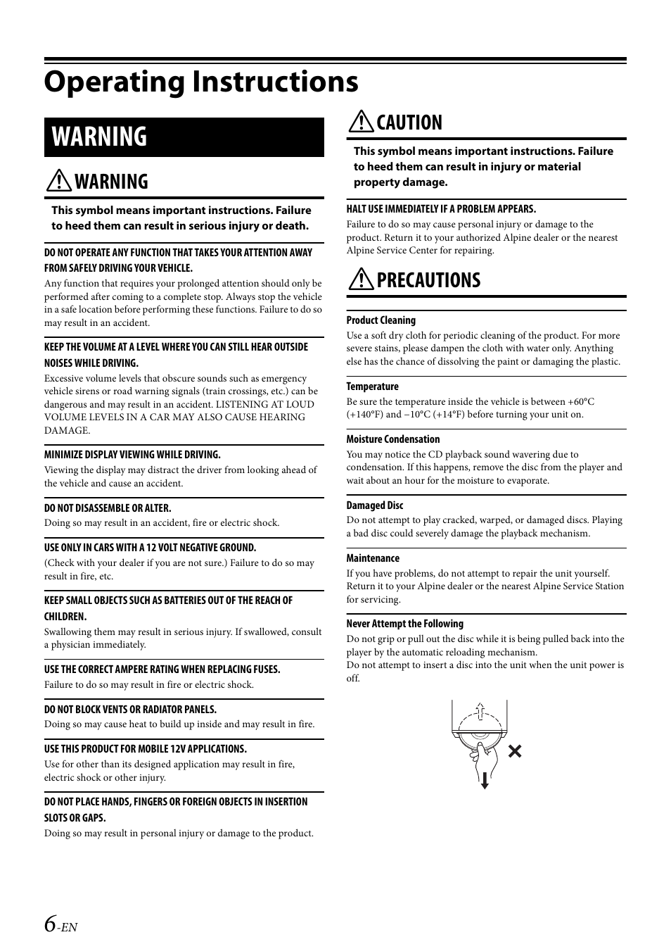 Operating instructions, Warning, Caution | Precautions | Alpine 68-21627Z10-A User Manual | Page 6 / 53