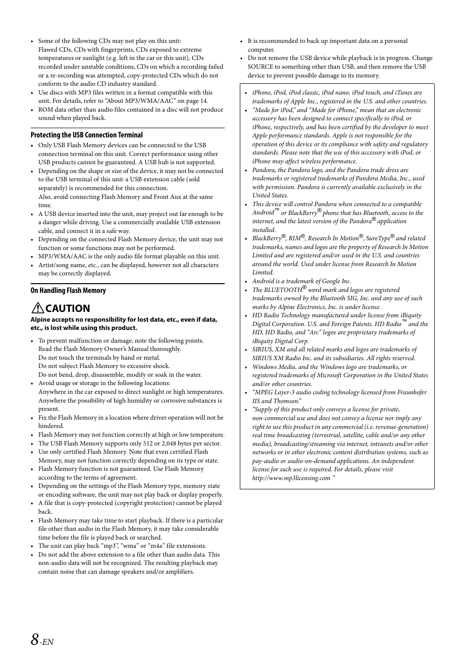 Caution | Alpine 68-21627Z10-A User Manual | Page 8 / 53