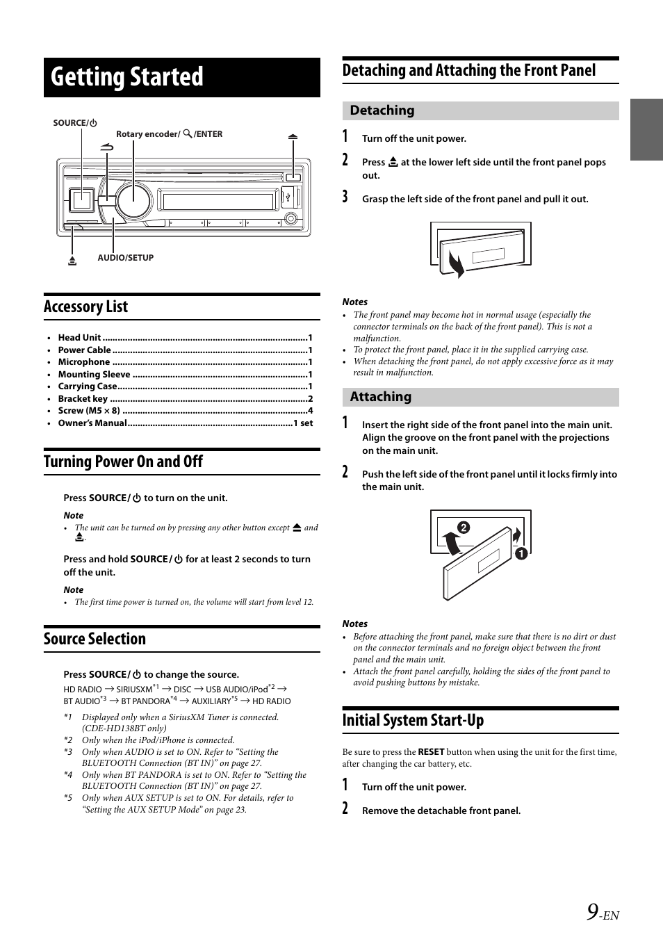 Getting started, Accessory list, Turning power on and off | Source selection, Detaching and attaching the front panel, Detaching, Attaching, Initial system start-up, Detaching attaching | Alpine 68-21627Z10-A User Manual | Page 9 / 53