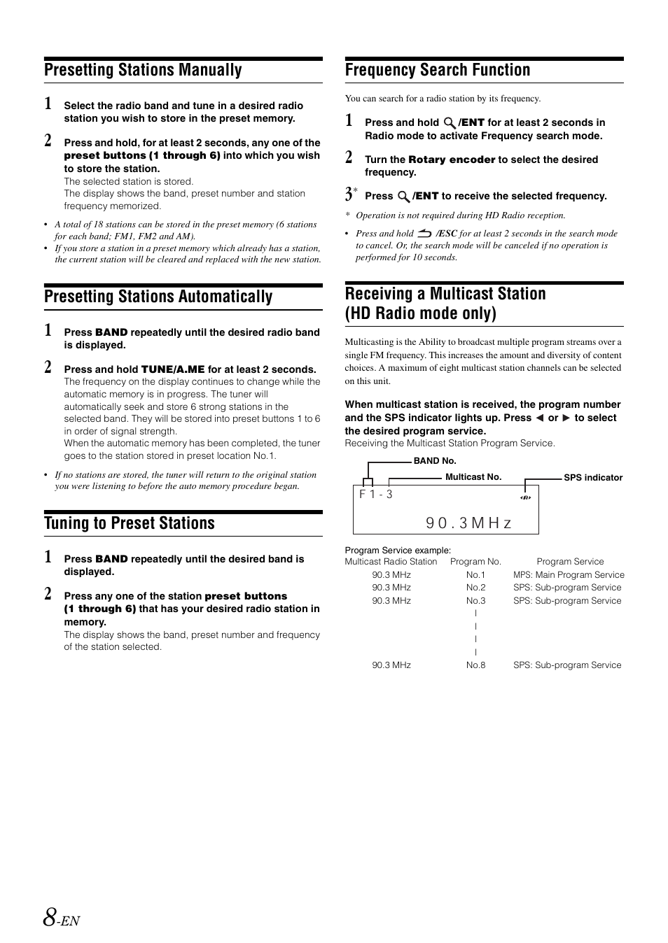 Presetting stations manually, Presetting stations automatically, Tuning to preset stations | Frequency search function, Receiving a multicast station (hd radio mode only), Receiving a multicast station, Hd radio mode only), 9 0 . 3 m h z | Alpine cda-9884 User Manual | Page 10 / 131