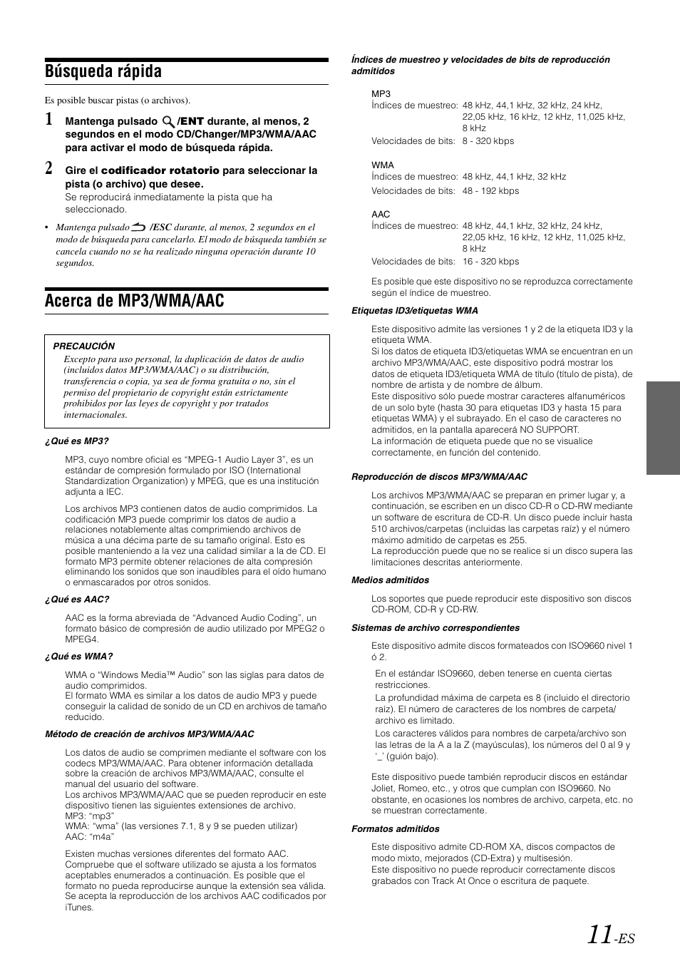 Búsqueda rápida, Acerca de mp3/wma/aac | Alpine cda-9884 User Manual | Page 101 / 131