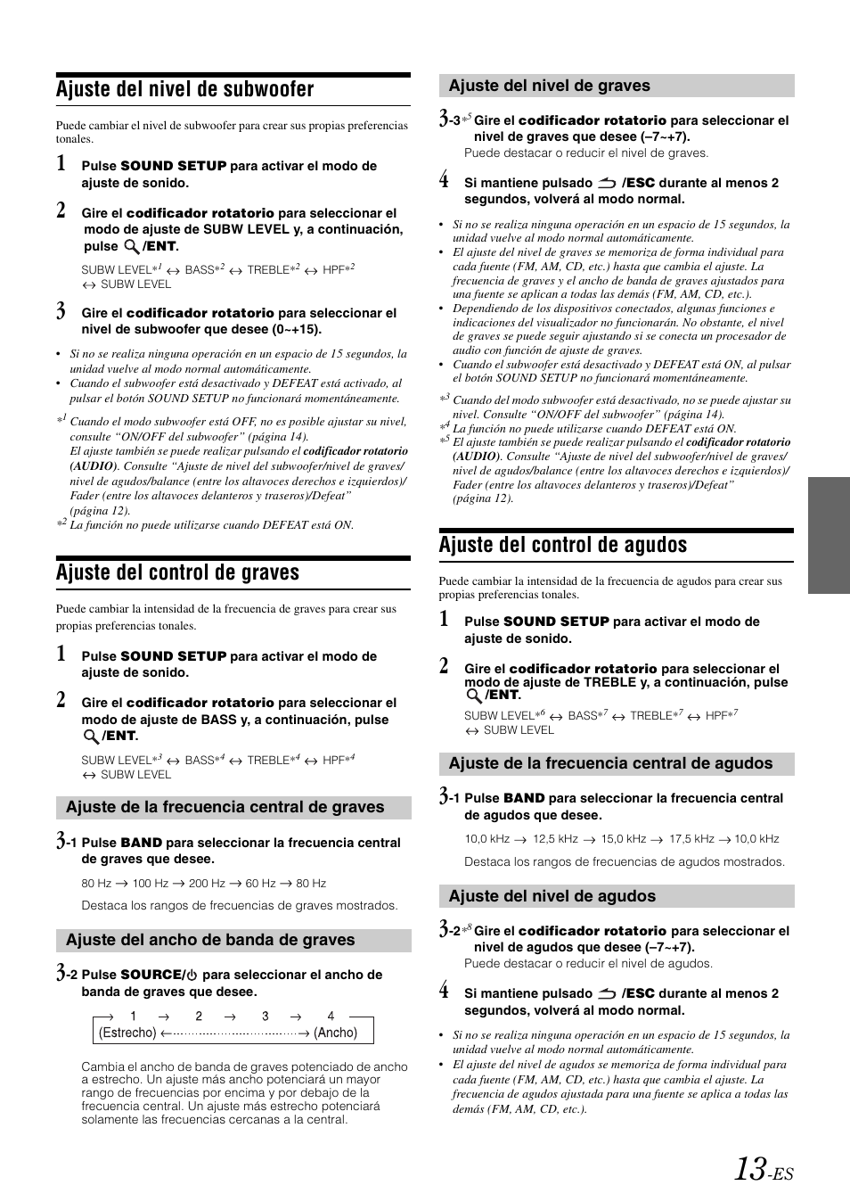 Ajuste del nivel de subwoofer, Ajuste del control de graves, Ajuste de la frecuencia central de graves | Ajuste del ancho de banda de graves, Ajuste del nivel de graves, Ajuste del control de agudos, Ajuste de la frecuencia central de agudos, Ajuste del nivel de agudos | Alpine cda-9884 User Manual | Page 103 / 131