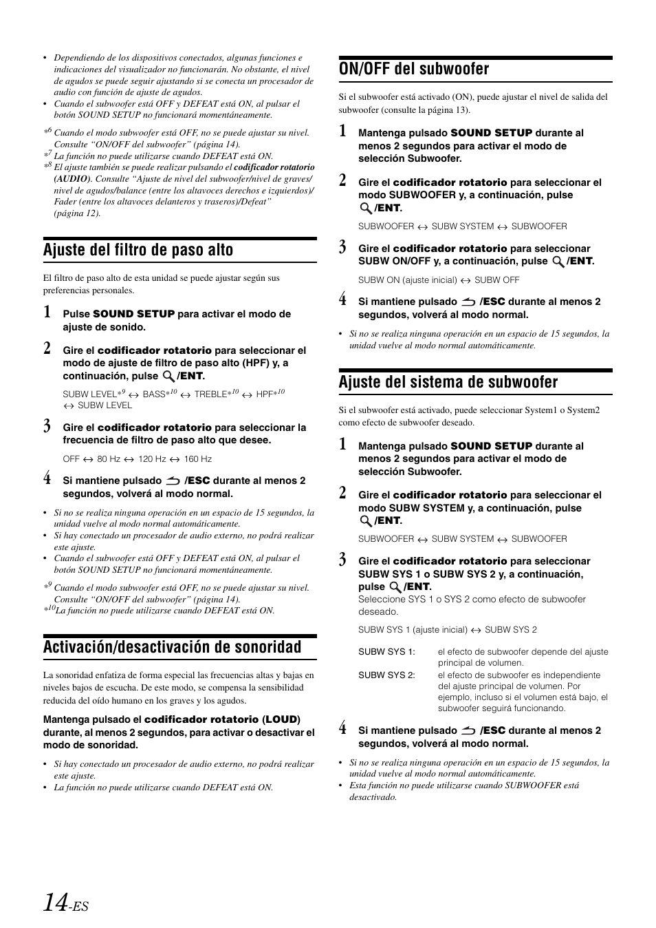 Ajuste del filtro de paso alto, Activación/desactivación de sonoridad, On/off del subwoofer | Ajuste del sistema de subwoofer | Alpine cda-9884 User Manual | Page 104 / 131