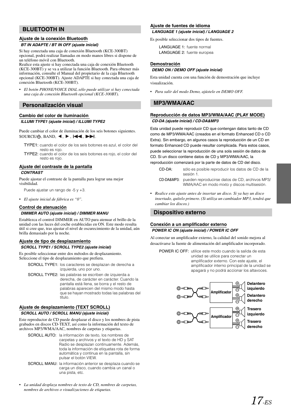 Bluetooth in, Ajuste de la conexión bluetooth, Personalización visual | Cambio del color de iluminación, Ajuste del contraste de la pantalla, Control de atenuación, Ajuste de tipo de desplazamiento, Ajuste de desplazamiento (text scroll), Ajuste de fuentes de idioma, Demostración | Alpine cda-9884 User Manual | Page 107 / 131