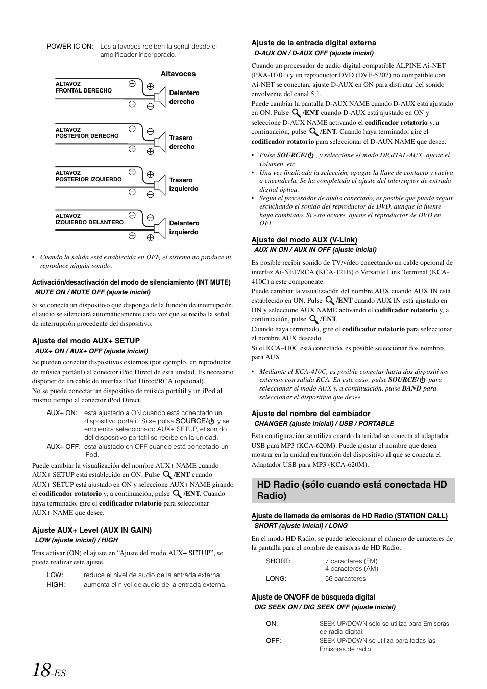 Ajuste del modo aux+ setup, Ajuste aux+ level (aux in gain), Ajuste de la entrada digital externa | Ajuste del modo aux (v-link), Ajuste del nombre del cambiador, Hd radio (sólo cuando está conectada hd radio), Ajuste de on/off de búsqueda digital, Activación/desactivación del modo de, Silenciamiento (int mute), Ajuste de llamada de emisoras de hd radio | Alpine cda-9884 User Manual | Page 108 / 131