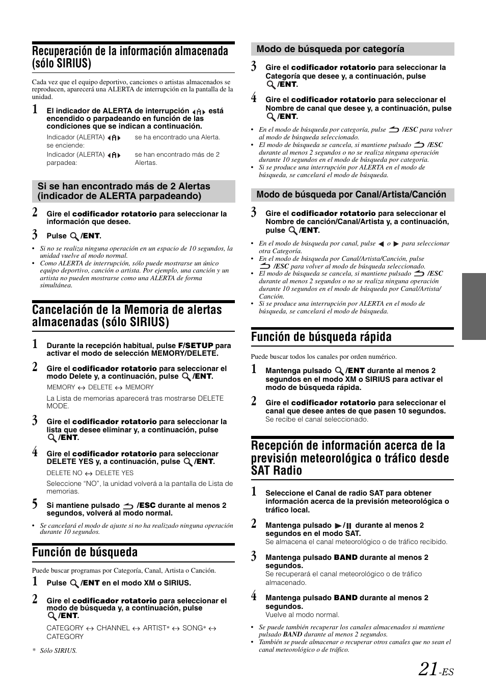 Función de búsqueda, Modo de búsqueda por categoría, Modo de búsqueda por canal/artista/canción | Función de búsqueda rápida, Recuperación de la información almacenada, Sólo sirius) si se han encontrado más de 2 alertas, Indicador de alerta parpadeando), Cancelación de la memoria de alertas, Almacenadas (sólo sirius), Canción | Alpine cda-9884 User Manual | Page 111 / 131