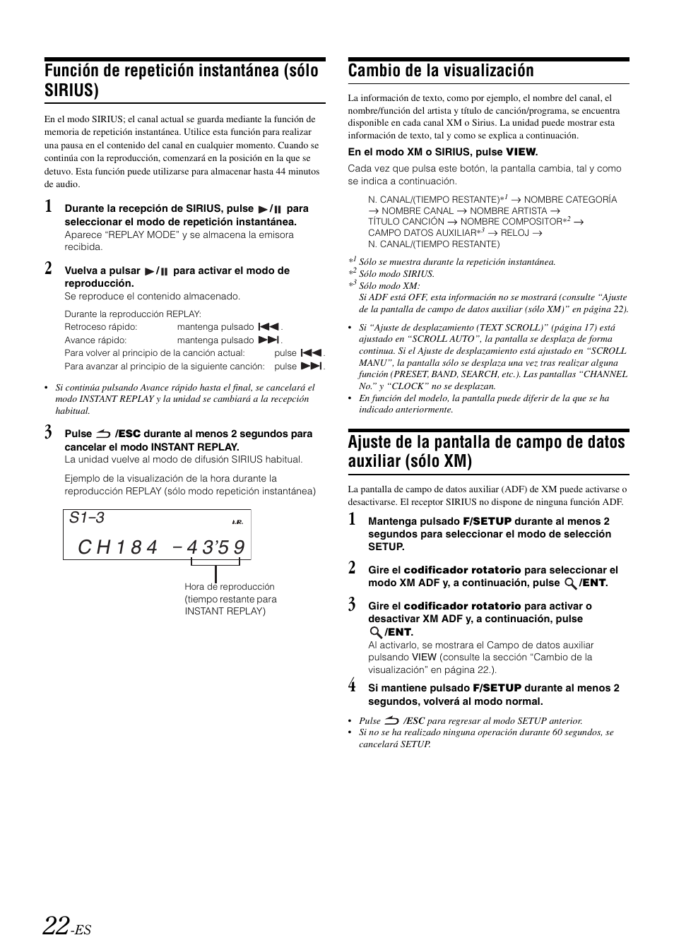 Función de repetición instantánea (sólo sirius), Cambio de la visualización, Función de repetición instantánea | Sólo sirius), Ajuste de la pantalla de campo de datos, Auxiliar (sólo xm), S1 3 | Alpine cda-9884 User Manual | Page 112 / 131