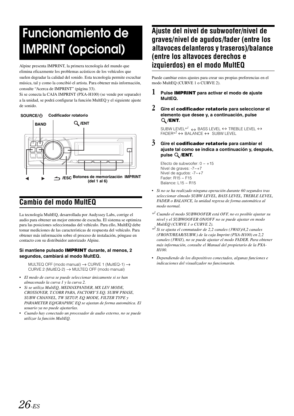 Funcionamiento de imprint (opcional), Cambio del modo multeq, Ajuste del nivel de subwoofer/nivel de graves | Alpine cda-9884 User Manual | Page 116 / 131