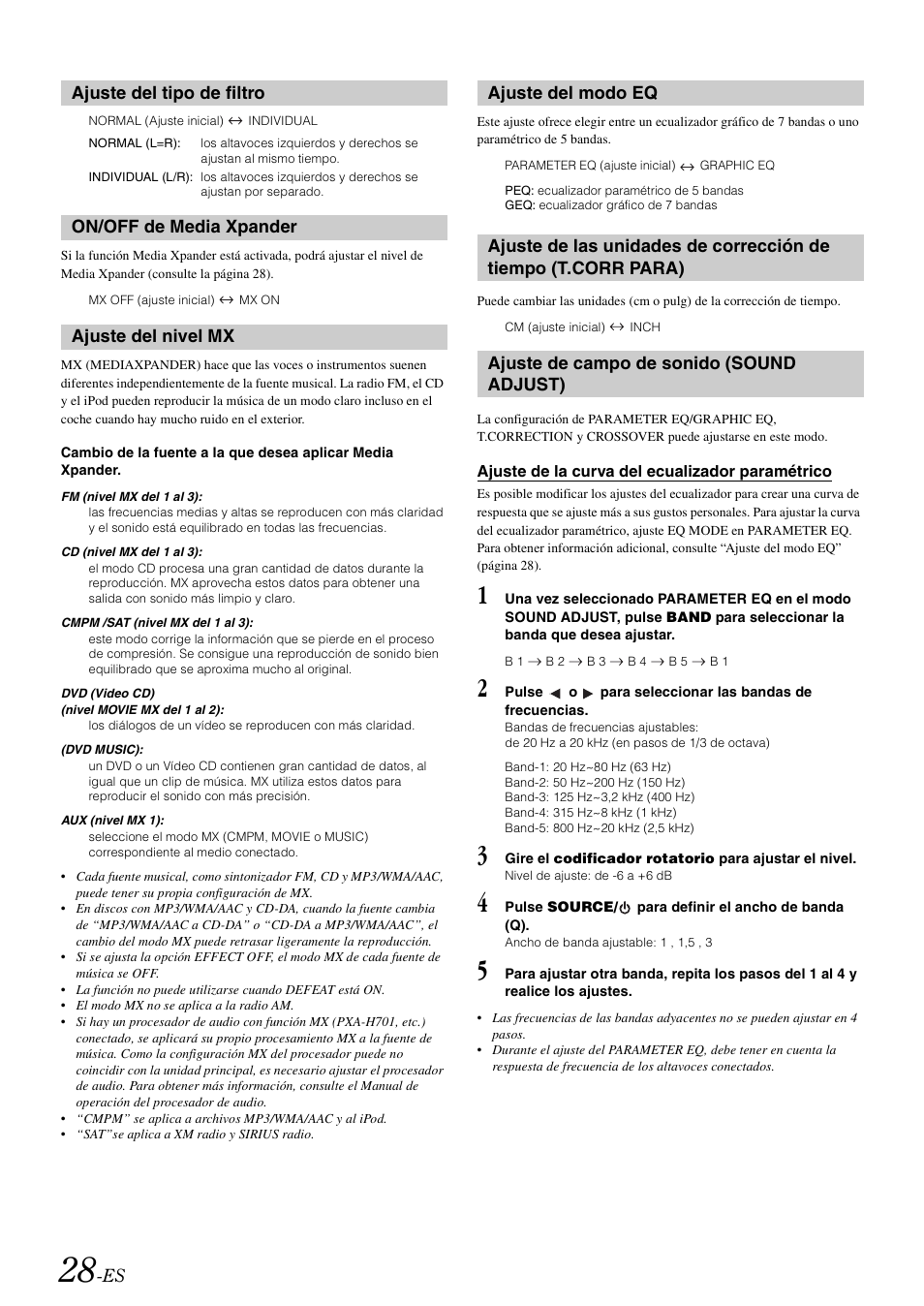 Ajuste del tipo de filtro, On/off de media xpander, Ajuste del nivel mx | Ajuste del modo eq, Ajuste de campo de sonido (sound adjust), Ajuste de la curva del ecualizador paramétrico, Tiempo (t.corr para), Ajuste de campo de sonido, Sound adjust), Ajuste de la curva del ecualizador | Alpine cda-9884 User Manual | Page 118 / 131