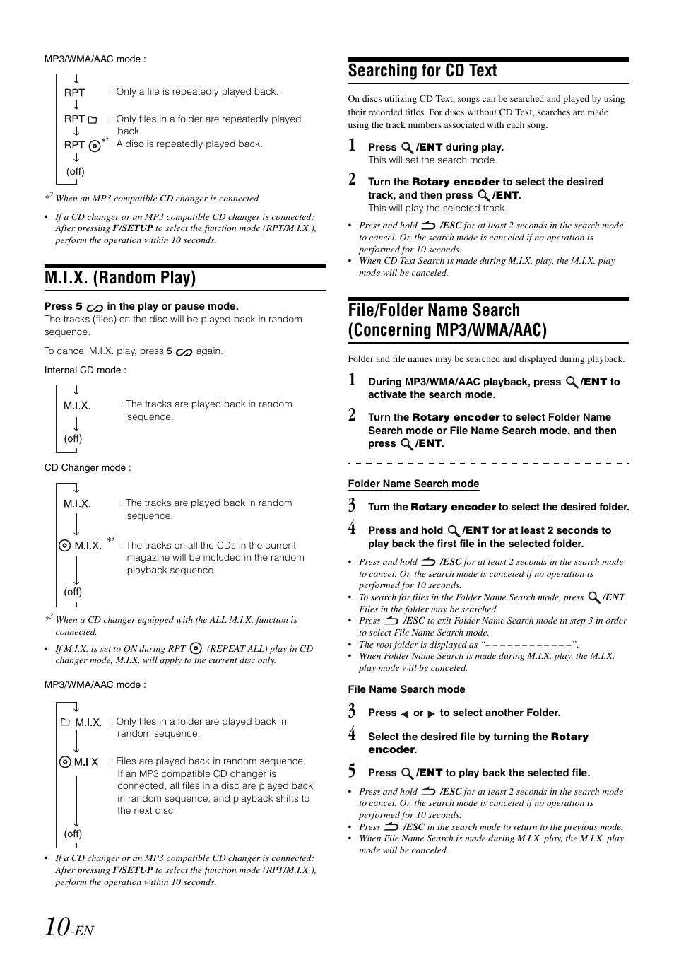 M.i.x. (random play), Searching for cd text, File/folder name search (concerning mp3/wma/aac) | File/folder name search, Concerning mp3/wma/aac) | Alpine cda-9884 User Manual | Page 12 / 131