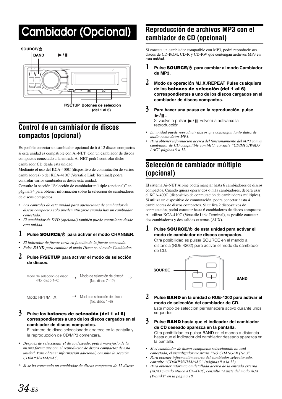 Cambiador (opcional), Selección de cambiador múltiple (opcional), Control de un cambiador de discos compactos | Opcional), Reproducción de archivos mp3 con el, Cambiador de cd (opcional) | Alpine cda-9884 User Manual | Page 124 / 131