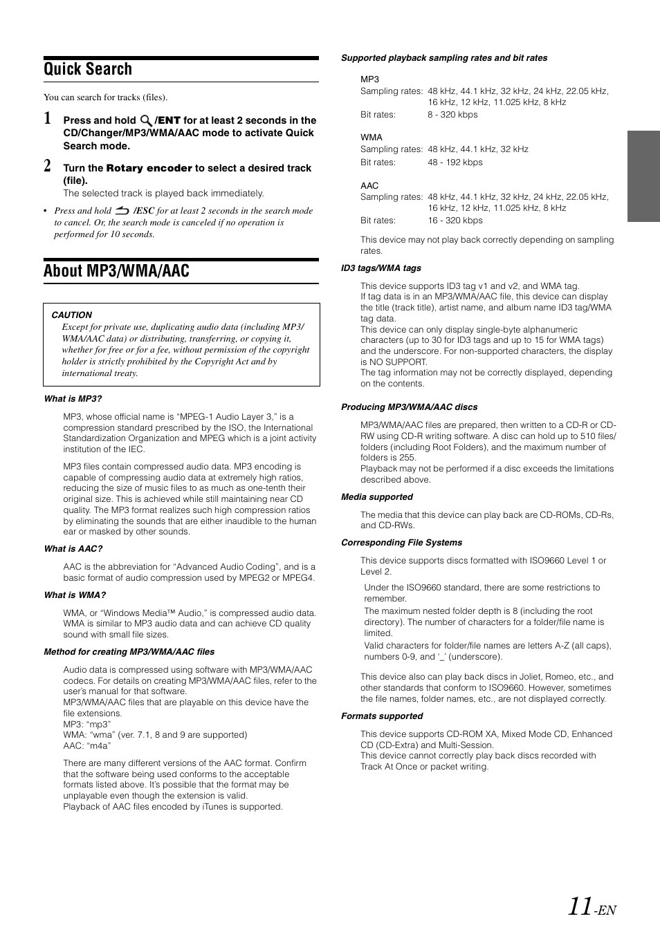 Quick search, About mp3/wma/aac | Alpine cda-9884 User Manual | Page 13 / 131
