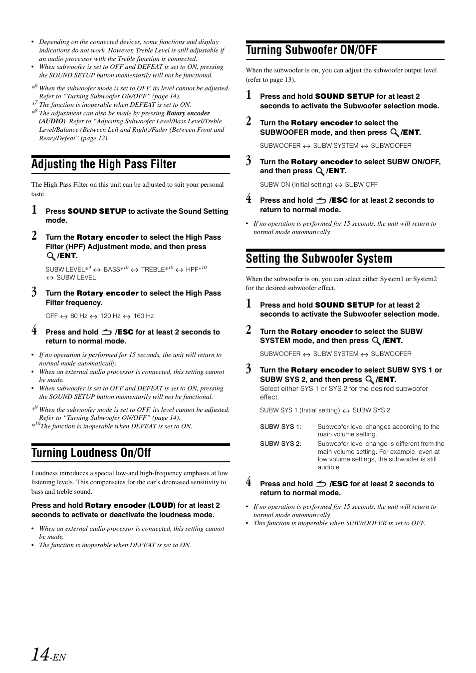 Adjusting the high pass filter, Turning loudness on/off, Turning subwoofer on/off | Setting the subwoofer system | Alpine cda-9884 User Manual | Page 16 / 131