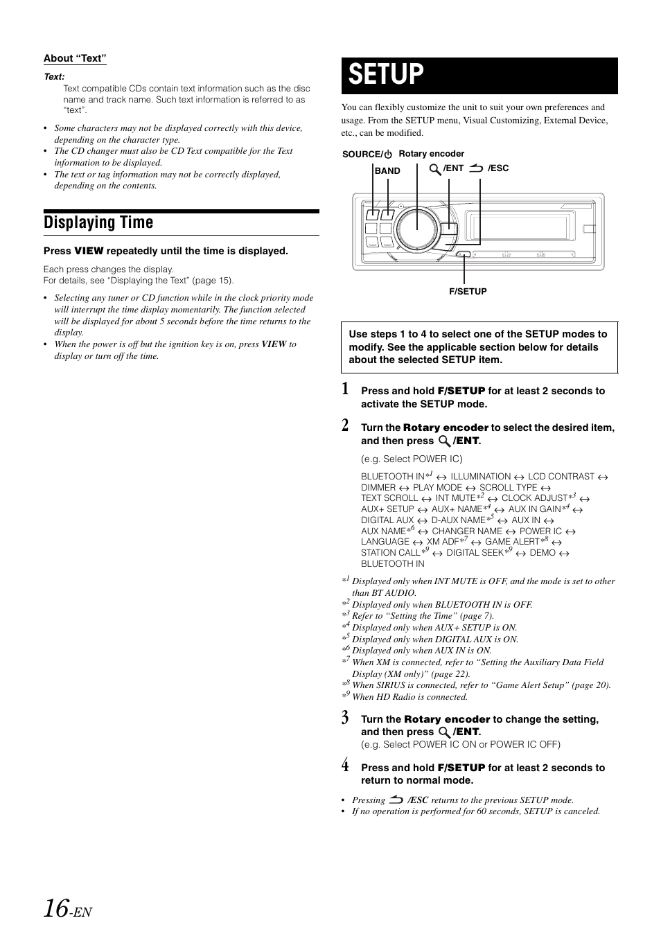 Displaying time, Setup | Alpine cda-9884 User Manual | Page 18 / 131