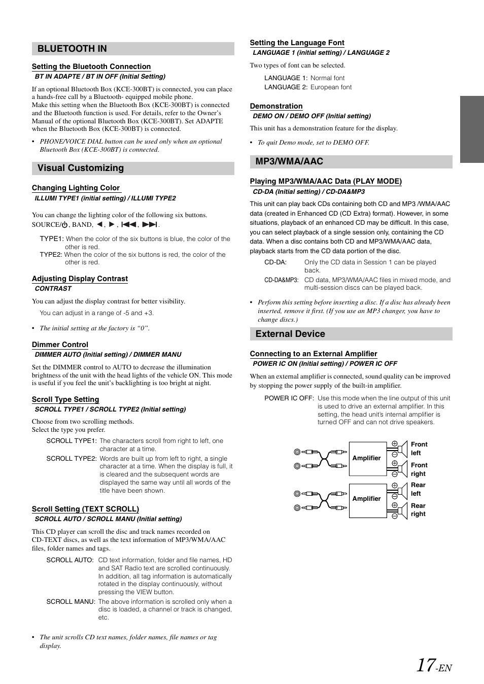 Bluetooth in, Setting the bluetooth connection, Visual customizing | Changing lighting color, Adjusting display contrast, Dimmer control, Scroll type setting, Scroll setting (text scroll), Setting the language font, Demonstration | Alpine cda-9884 User Manual | Page 19 / 131