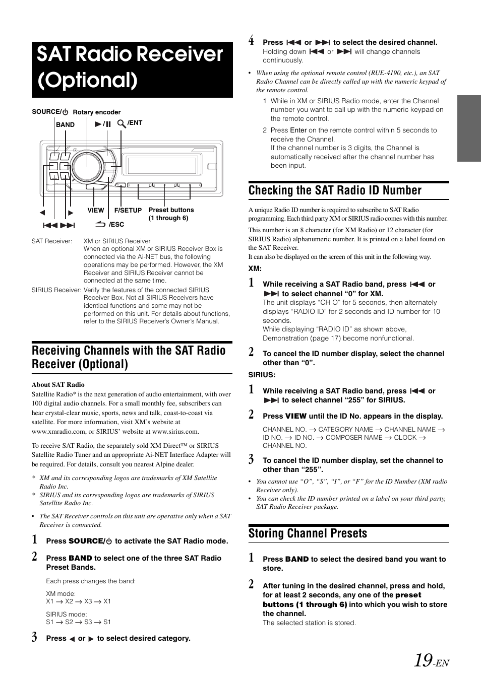 Sat radio receiver (optional), Checking the sat radio id number, Storing channel presets | Receiving channels with the sat radio, Receiver (optional) | Alpine cda-9884 User Manual | Page 21 / 131