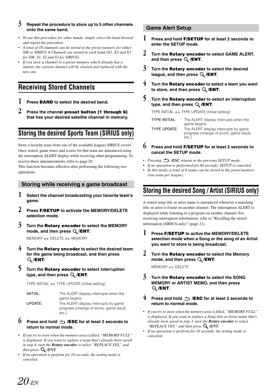 Receiving stored channels, Storing the desired sports team (sirius only), Storing while receiving a game broadcast | Game alert setup, Storing the desired song / artist (sirius only), Storing the desired sports team, Storing the desired song / artist, Sirius only) | Alpine cda-9884 User Manual | Page 22 / 131