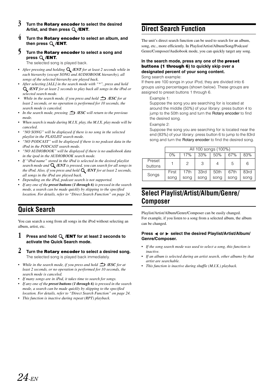 Quick search, Direct search function, Select playlist/artist/album/genre/composer | Select playlist/artist/album/genre, Composer, Select playlist/artist/album/genre/ composer | Alpine cda-9884 User Manual | Page 26 / 131