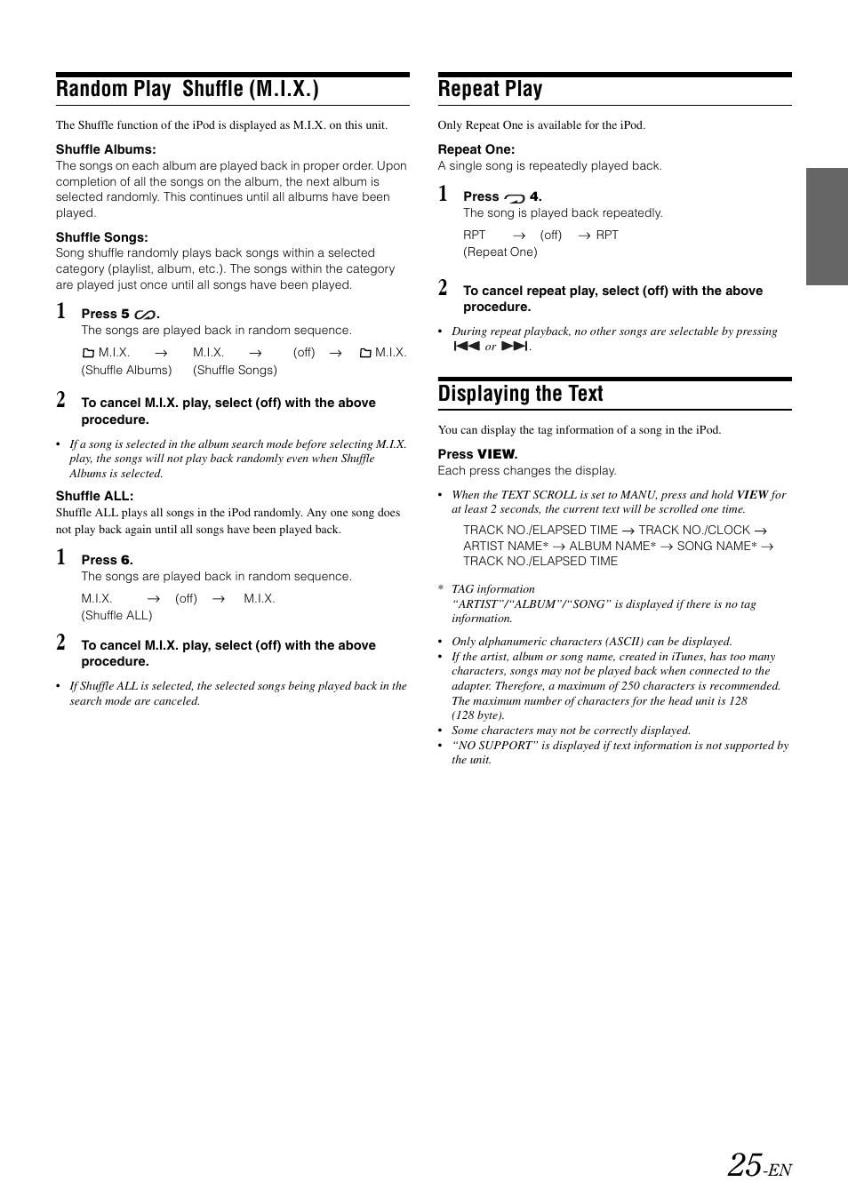 Random play shuffle (m.i.x.), Repeat play, Displaying the text | Alpine cda-9884 User Manual | Page 27 / 131