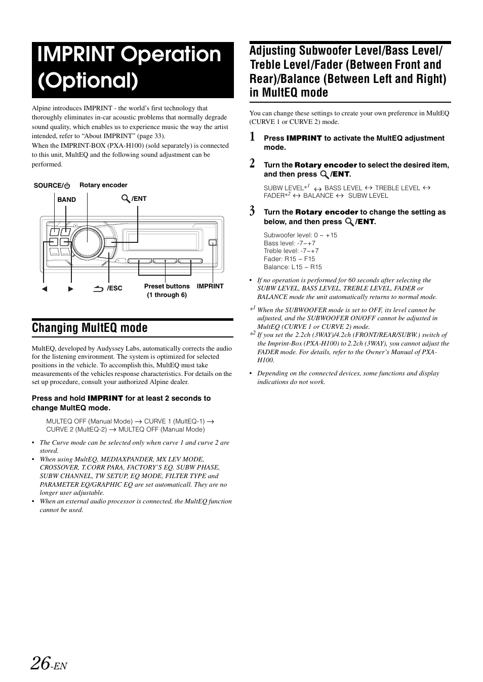 Imprint operation (optional), Changing multeq mode, Adjusting subwoofer level/bass level/treble | Multeq mode | Alpine cda-9884 User Manual | Page 28 / 131