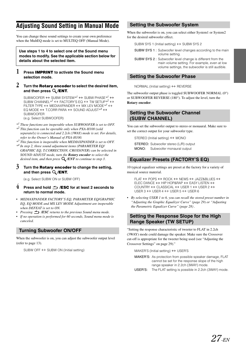 Adjusting sound setting in manual mode, Turning subwoofer on/off, Setting the subwoofer system | Setting the subwoofer phase, Setting the subwoofer channel (subw channel), Equalizer presets (factory’s eq), Subw channel), Range speaker (tw setup) | Alpine cda-9884 User Manual | Page 29 / 131