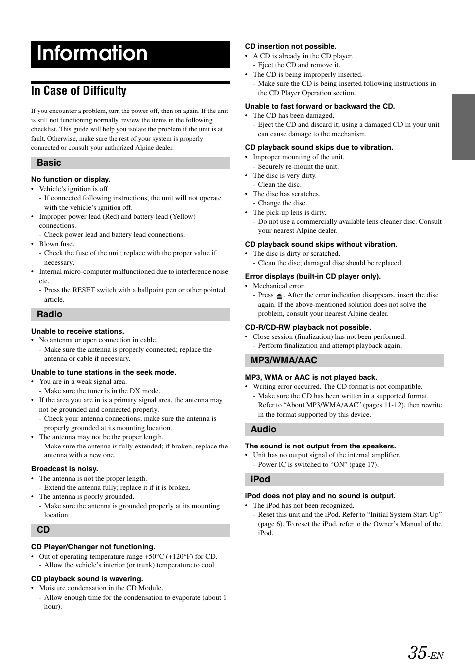 Information, In case of difficulty | Alpine cda-9884 User Manual | Page 37 / 131