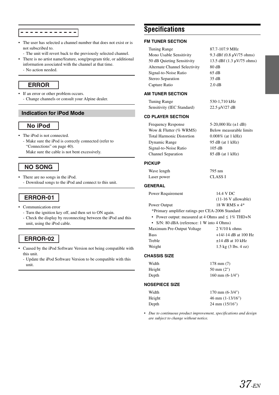 Specifications, Indication for ipod mode | Alpine cda-9884 User Manual | Page 39 / 131