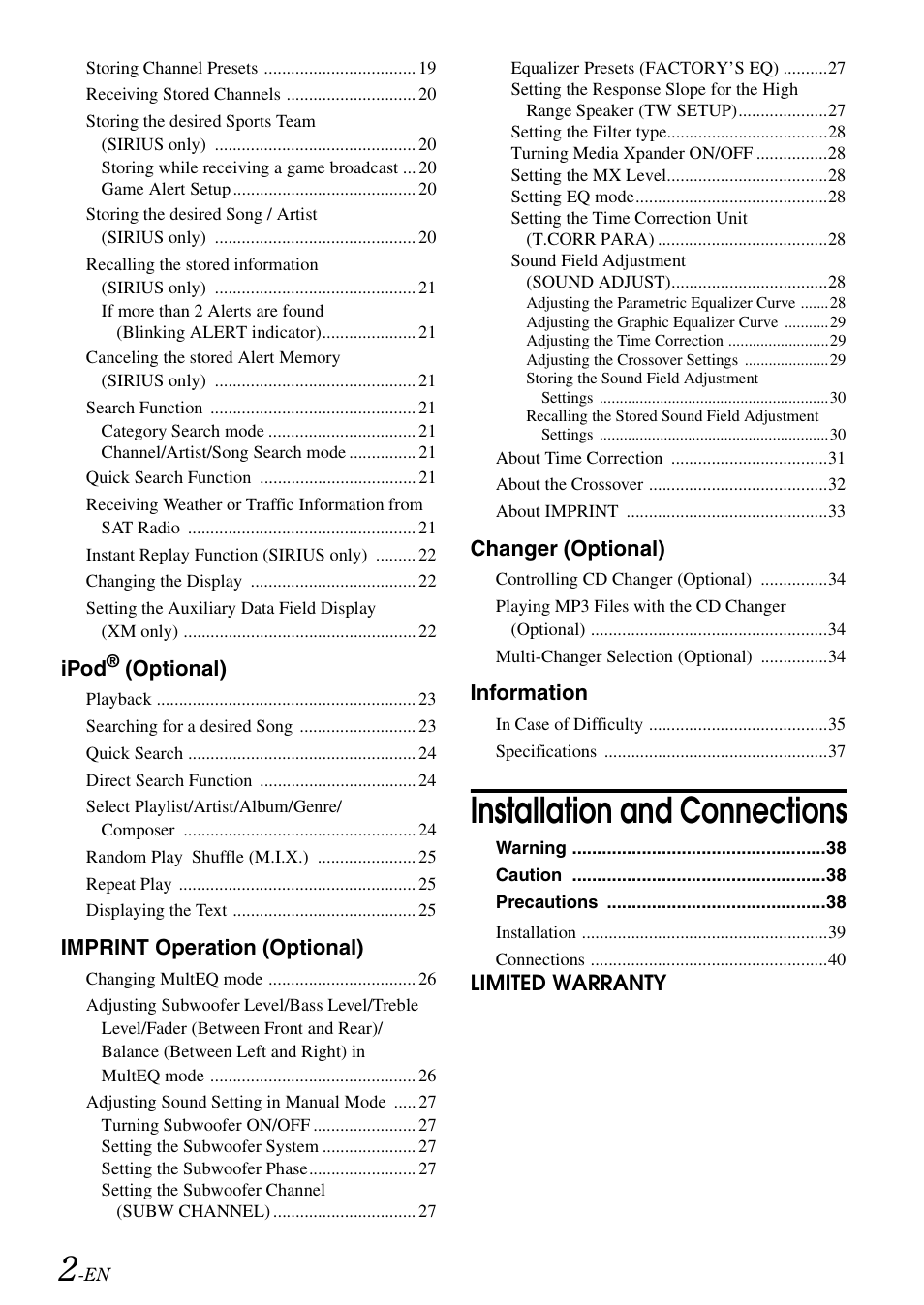 Installation and connections, Ipod, Optional) | Imprint operation (optional), Changer (optional), Information, Limited warranty | Alpine cda-9884 User Manual | Page 4 / 131