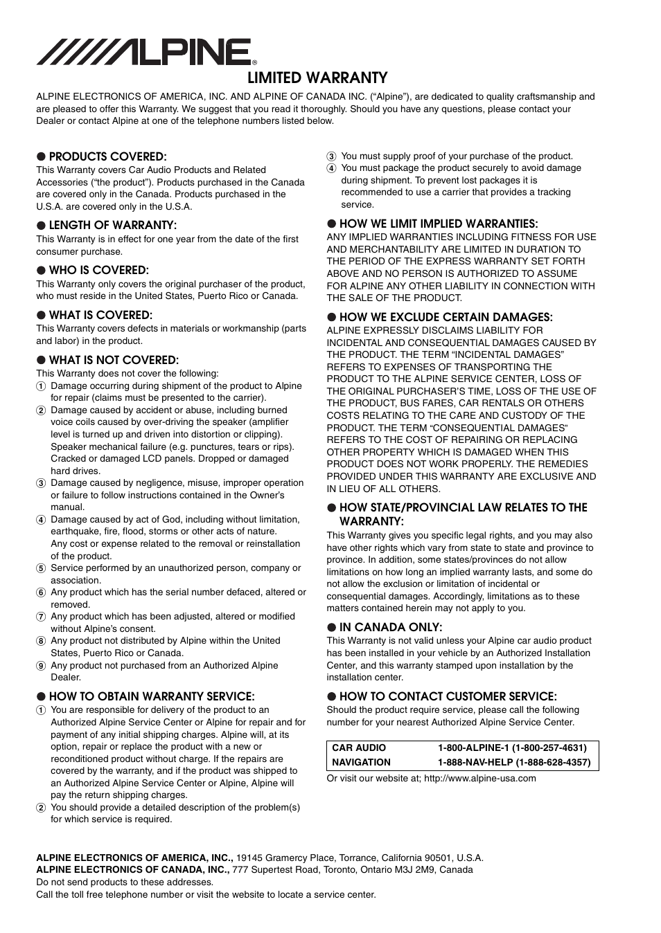 Limited warranty | Alpine cda-9884 User Manual | Page 44 / 131