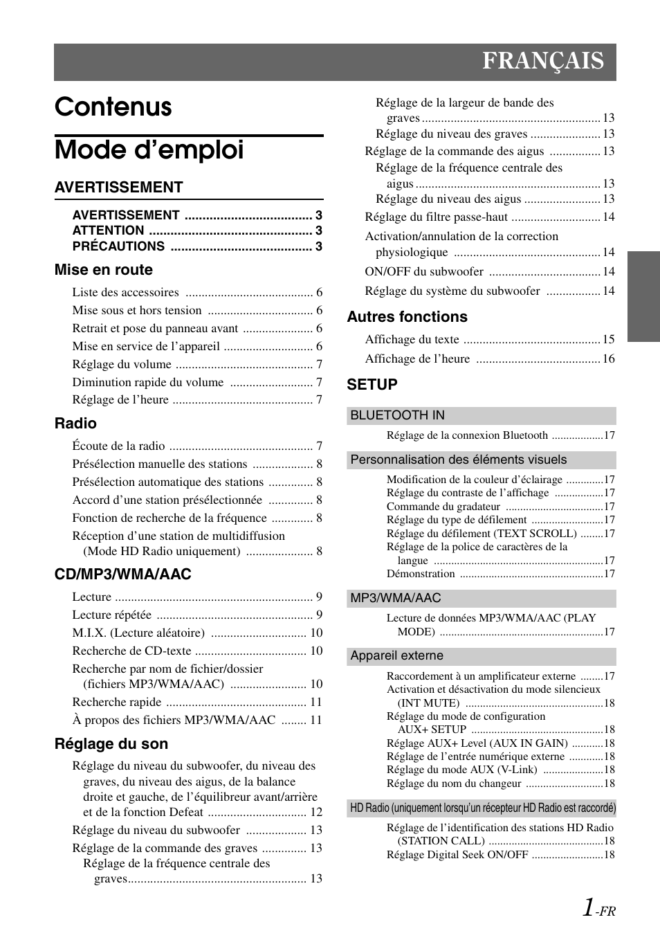 Contenus mode d’emploi, Français | Alpine cda-9884 User Manual | Page 47 / 131