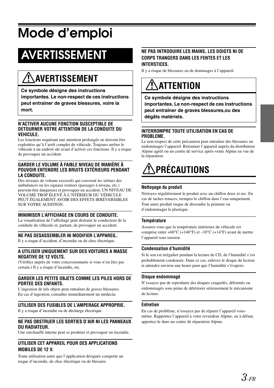 Mode d’emploi, Avertissement, Attention | Précautions, Avertissement attention précautions | Alpine cda-9884 User Manual | Page 49 / 131