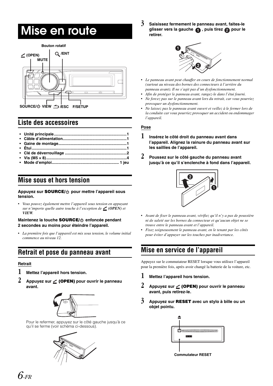 Mise en route, Liste des accessoires, Mise sous et hors tension | Retrait et pose du panneau avant, Mise en service de l’appareil | Alpine cda-9884 User Manual | Page 52 / 131