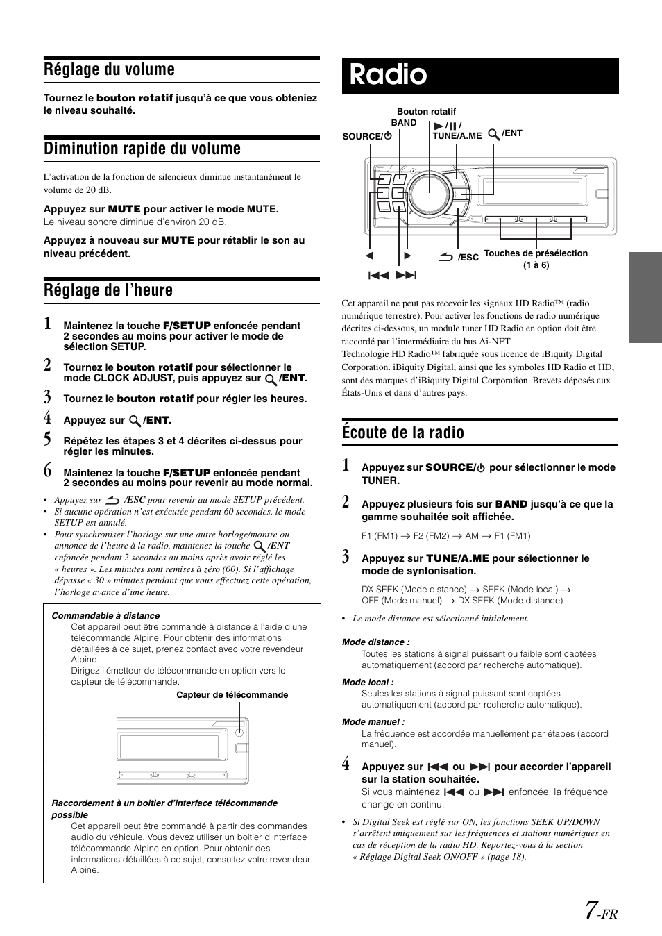 Réglage du volume, Diminution rapide du volume, Réglage de l’heure | Radio, Écoute de la radio | Alpine cda-9884 User Manual | Page 53 / 131