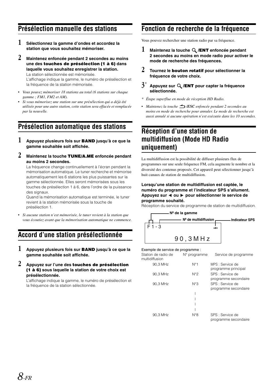 Présélection manuelle des stations, Présélection automatique des stations, Accord d’une station présélectionnée | Fonction de recherche de la fréquence, Réception d’une station de multidiffusion, Mode hd radio uniquement), 9 0 , 3 m h z | Alpine cda-9884 User Manual | Page 54 / 131