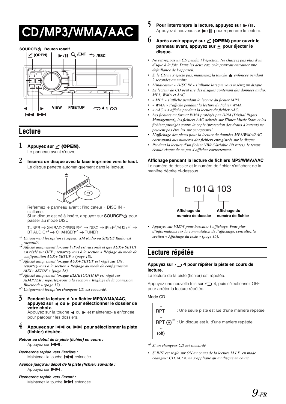 Cd/mp3/wma/aac, Lecture, Lecture répétée | Alpine cda-9884 User Manual | Page 55 / 131