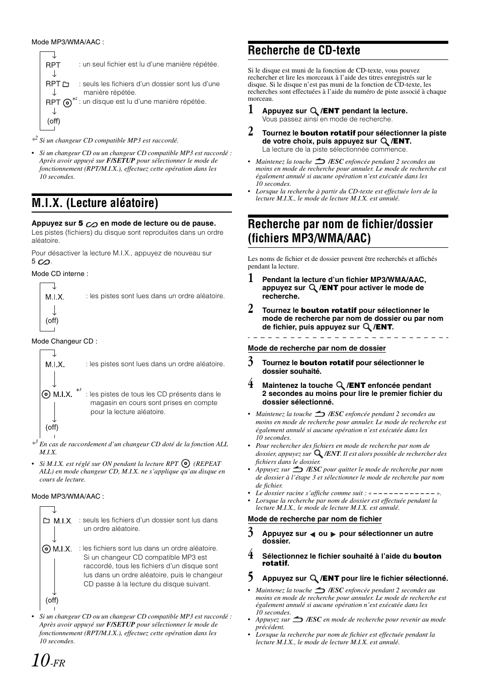 M.i.x. (lecture aléatoire), Recherche de cd-texte, Recherche par nom de fichier/dossier | Fichiers mp3/wma/aac) | Alpine cda-9884 User Manual | Page 56 / 131