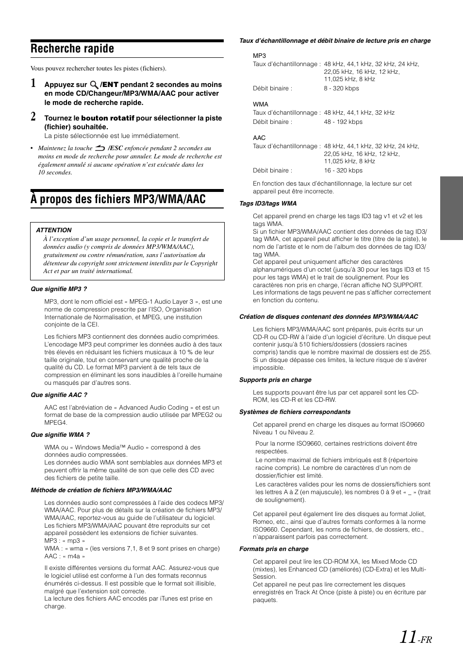 Recherche rapide, À propos des fichiers mp3/wma/aac | Alpine cda-9884 User Manual | Page 57 / 131