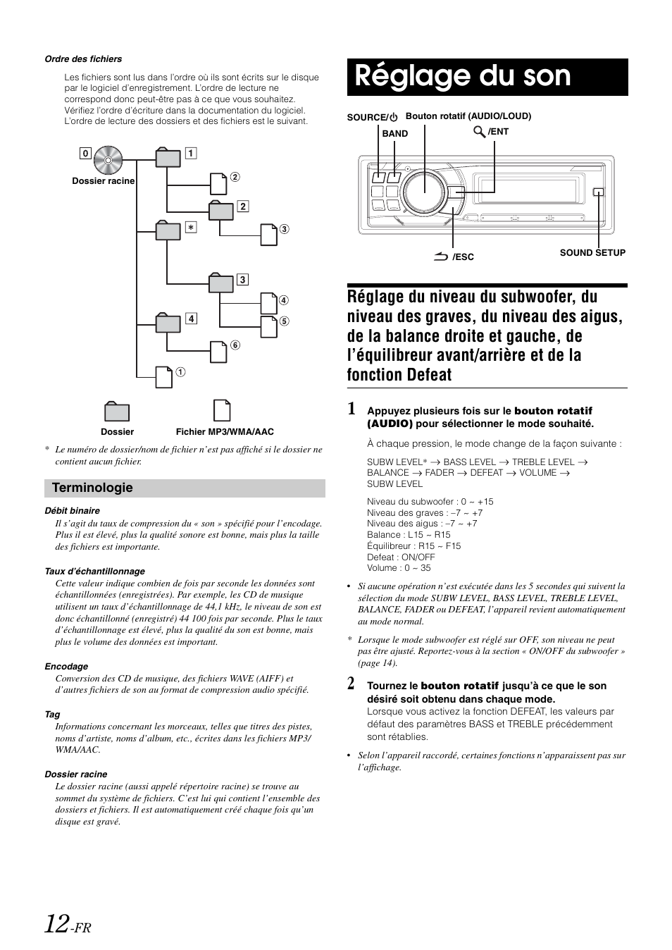 Réglage du son, Réglage du niveau du subwoofer, du niveau des, Terminologie | Alpine cda-9884 User Manual | Page 58 / 131